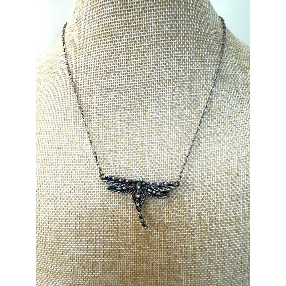 Mary DeMarco Dragonfly Pendant Necklace With Green & Purple Crystals‎ On Silver